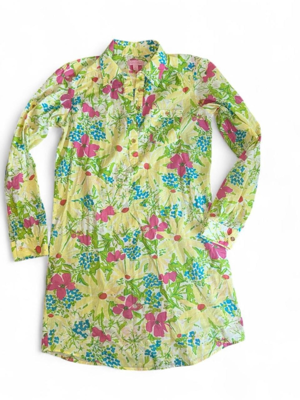 Lilly Pulitzer Yellow Floral Button-Front Tunic with Pink & Blue Accents